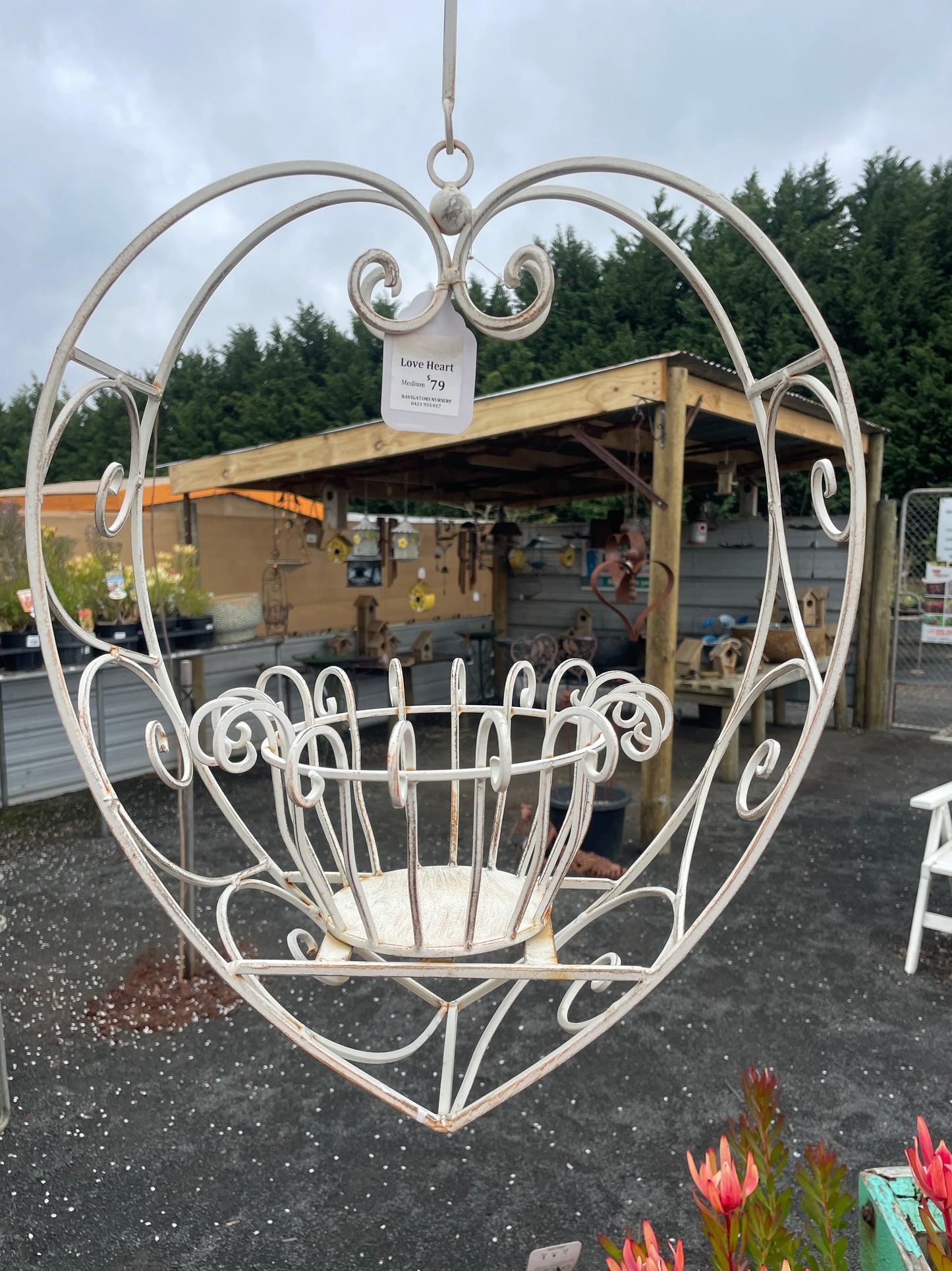 Hanging Heart Plant Holder - Rustic Cream Wrought Iron