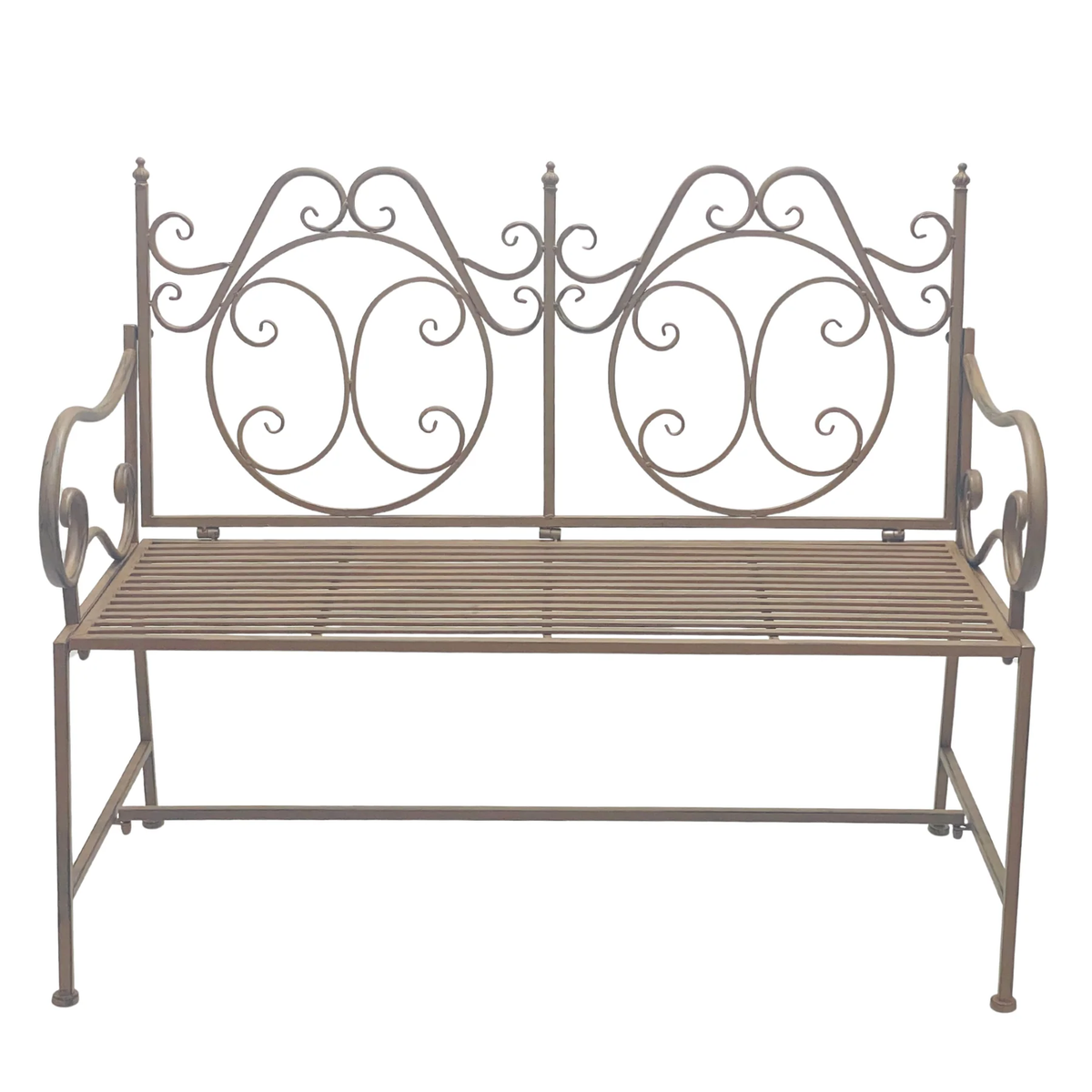 Rust-toned metal garden bench with decorative scrollwork back and arms