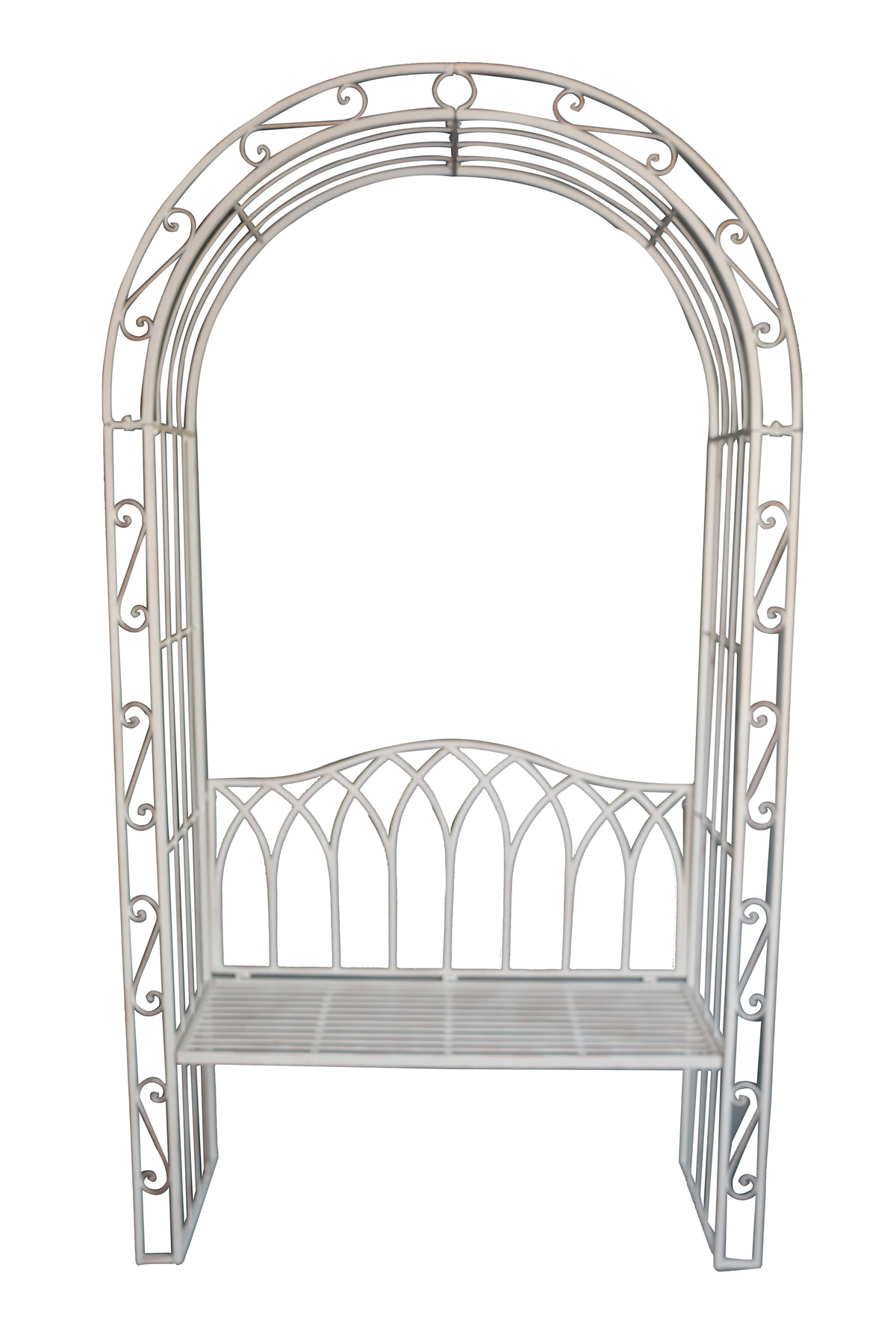 Rustic cream metal garden arch with an integrated two-person bench seat