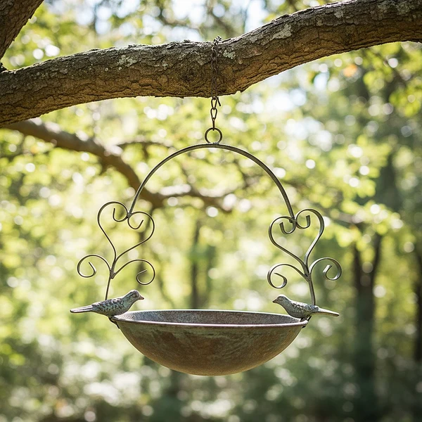 Rustic metal hanging bird bath with two bird figurines and heart scroll wirework hanging from tree branch