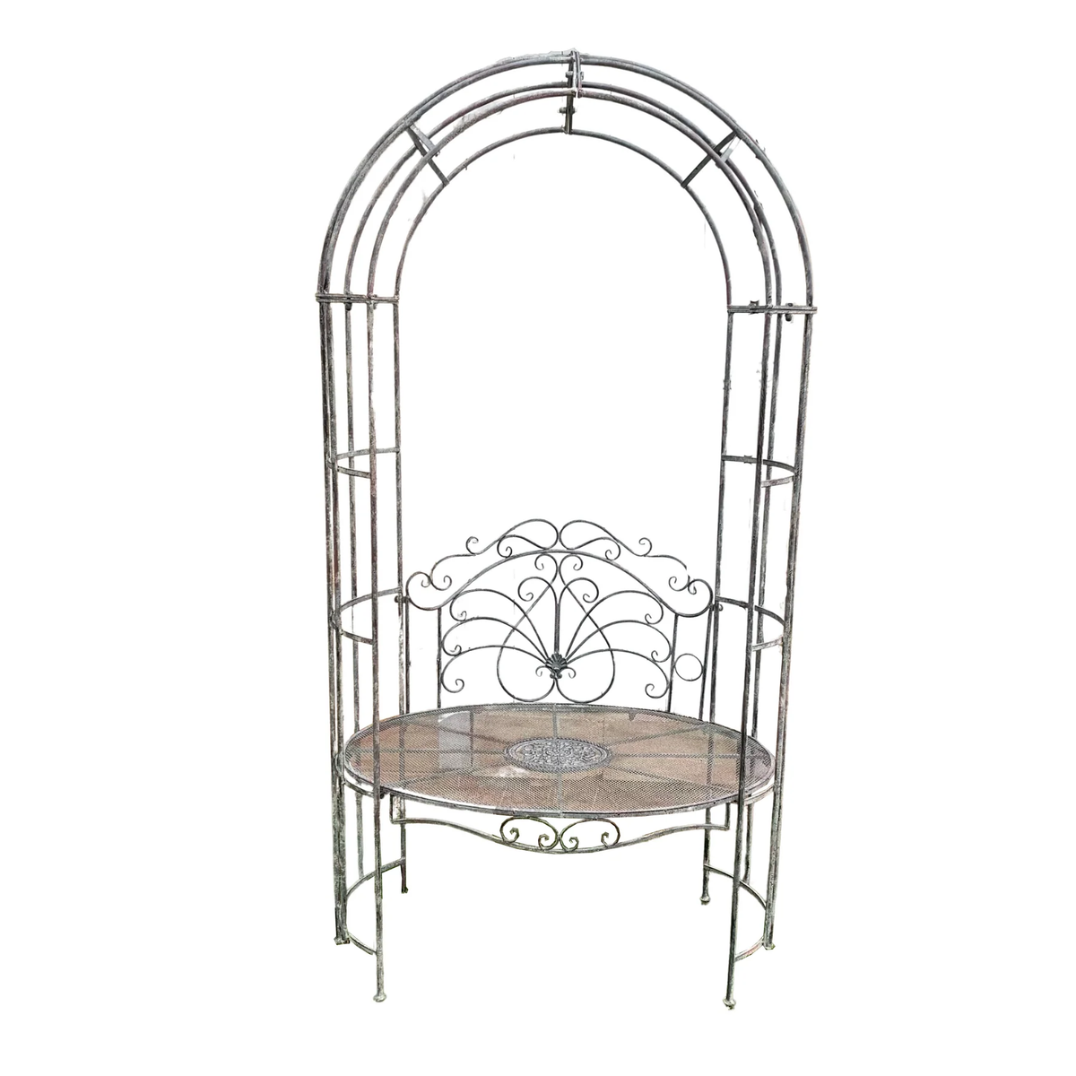 Dark grey metal garden arch with an integrated round bench seat and decorative scrollwork