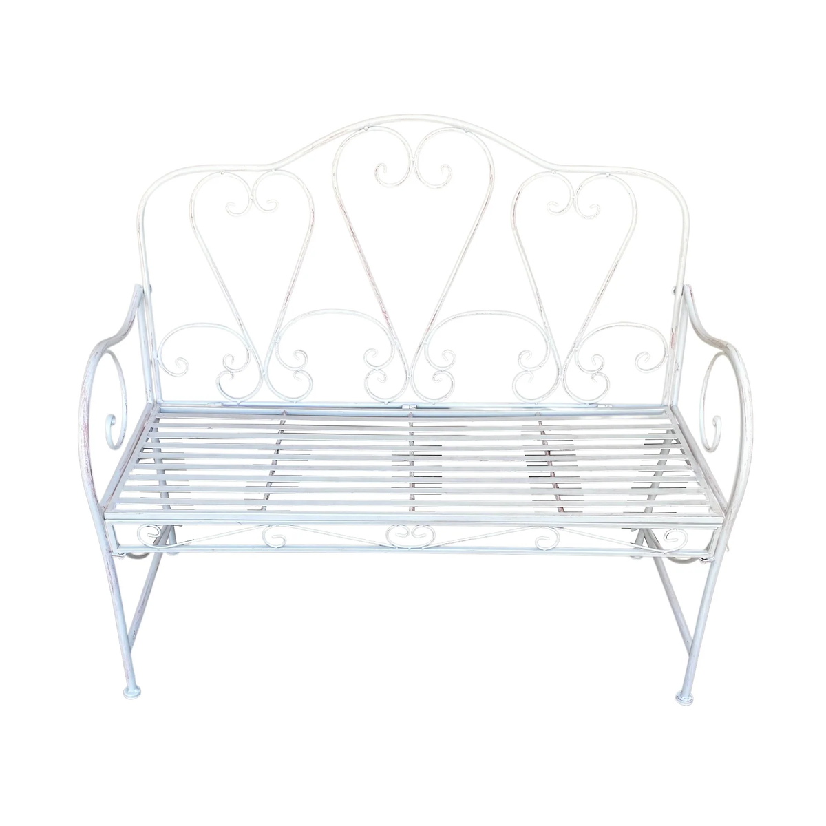 Cream metal garden bench with decorative heart detailing