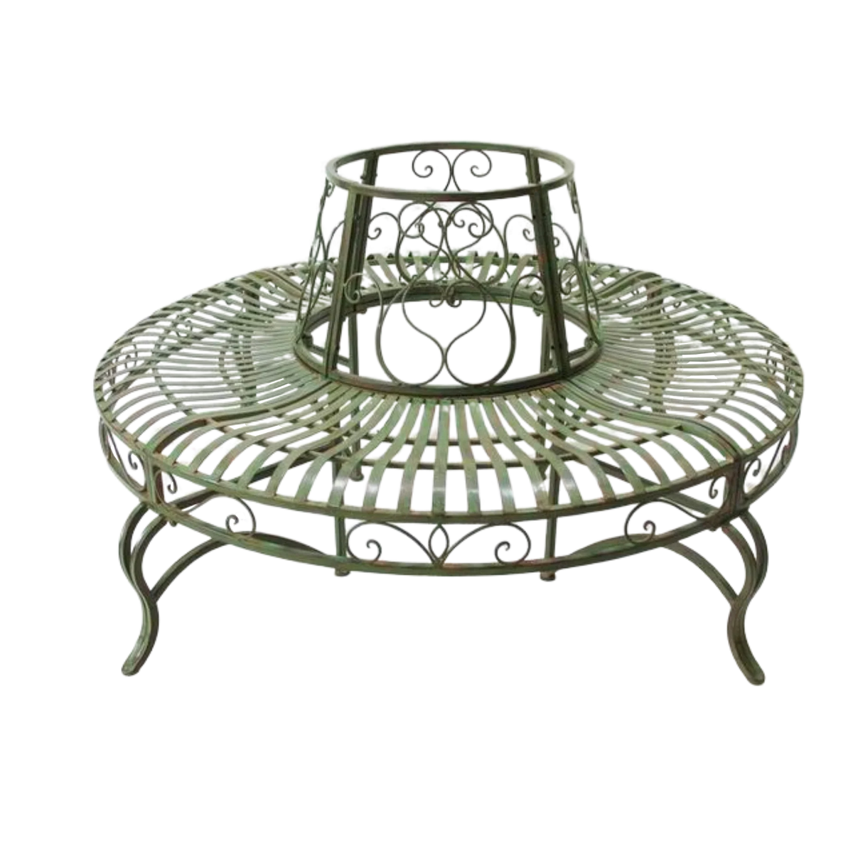 Distressed rustic brown and black earth circular tree surround bench with ornate scrollwork