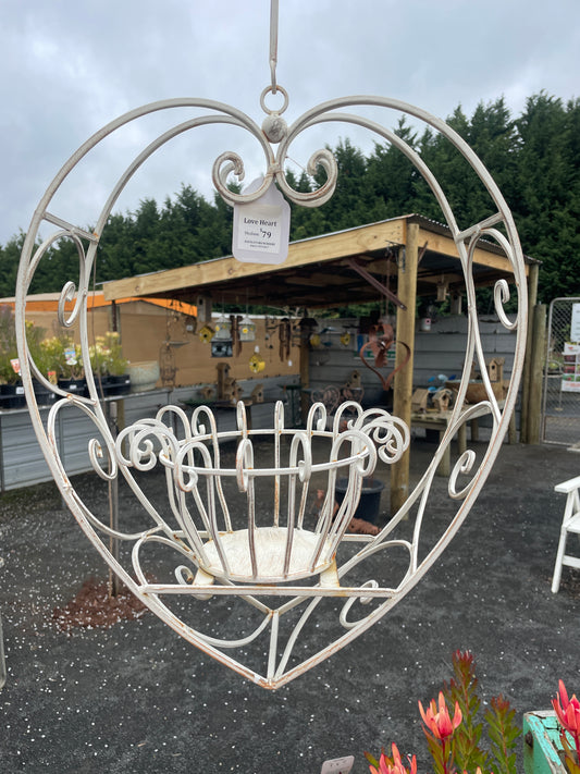 Hanging Heart Plant Holder - Rustic Cream Wrought Iron