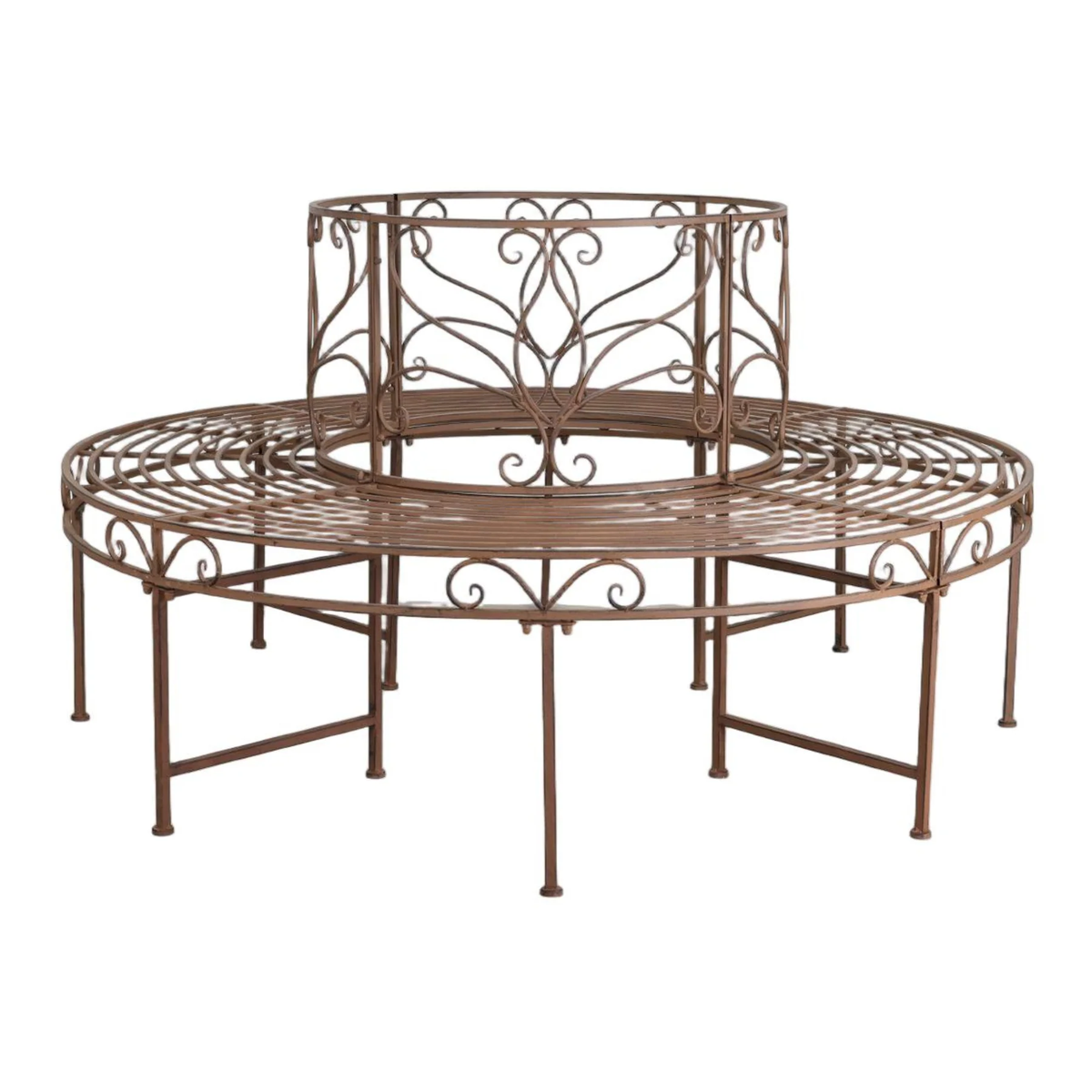Rust-finish circular tree surround bench with ornate scrollwork