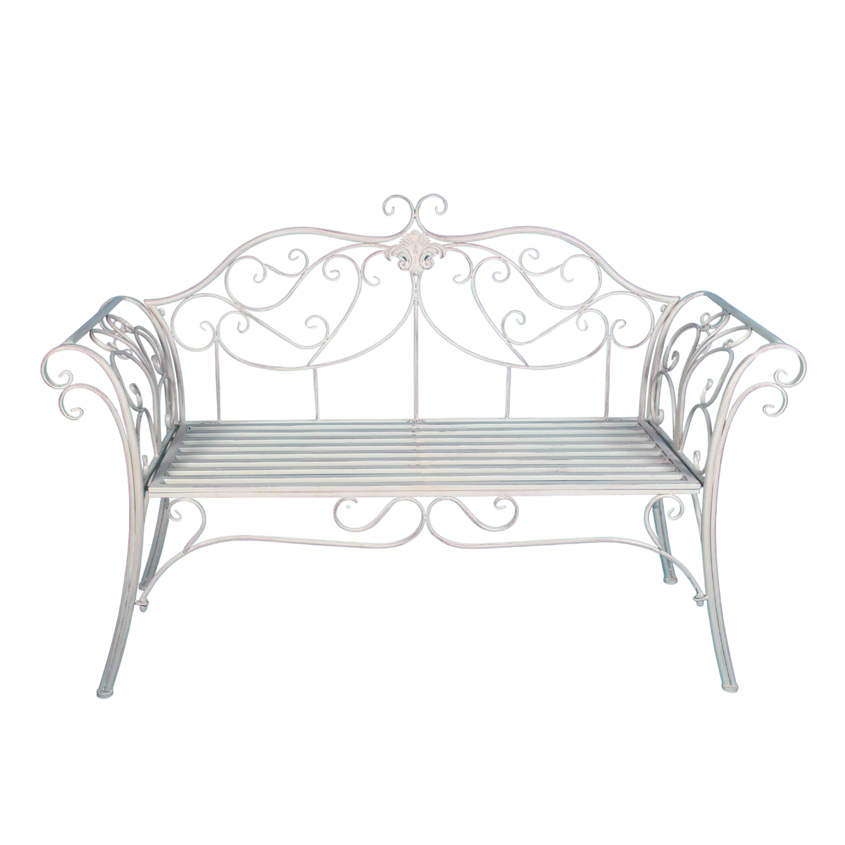 Cream outdoor metal garden bench with ornate scrollwork and curved arms