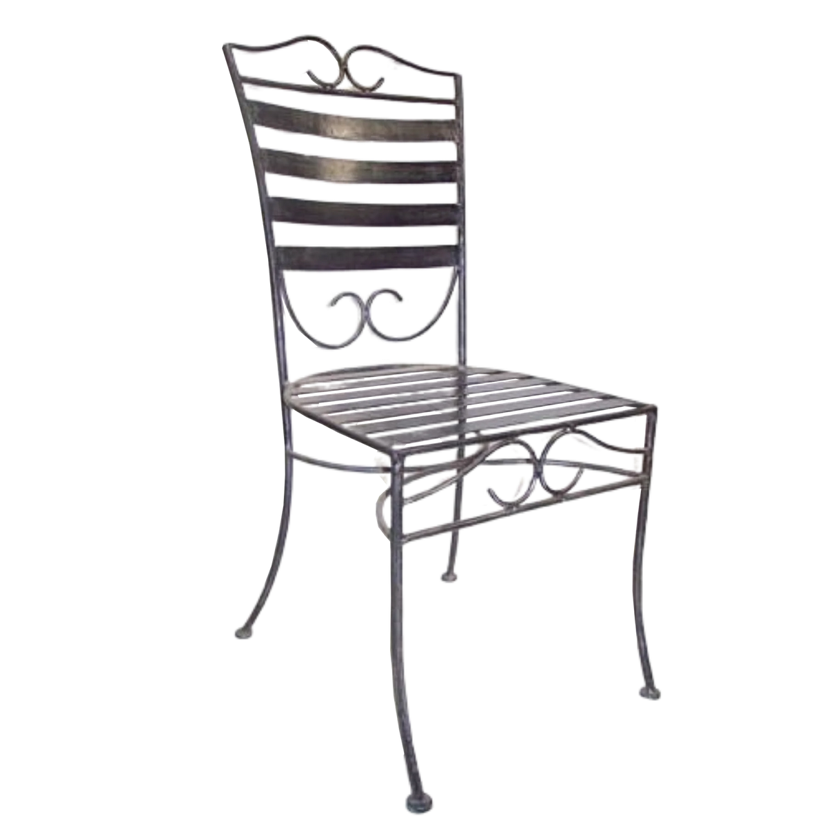 Wrought iron dinner chair with a curved decorative back, slatted seat and protective foot stoppers
