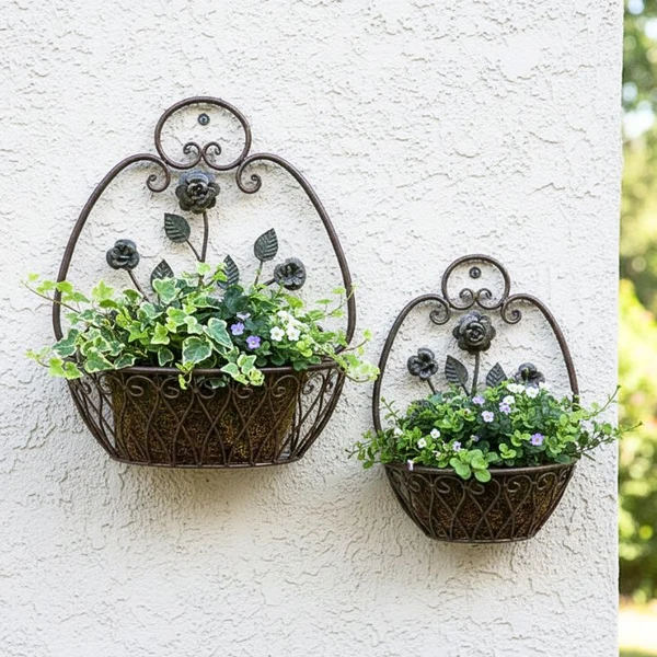 Vintage flower basket wall hangers with plants