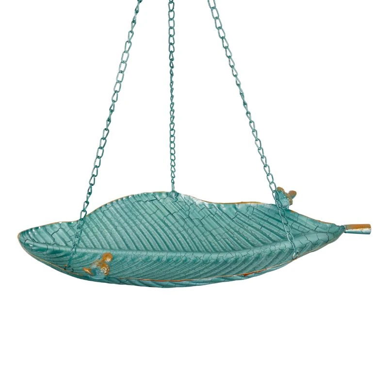 Turquoise enamel leaf-shaped hanging bird feeder with chain on white background