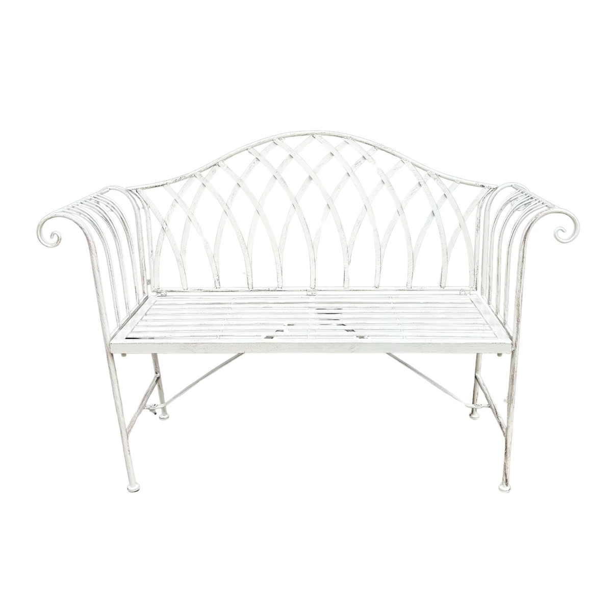 Distressed cream metal garden bench with curved arms and lattice-style back
