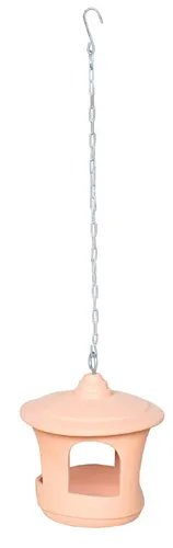 Terracotta hutch bird feeder hanging on chain