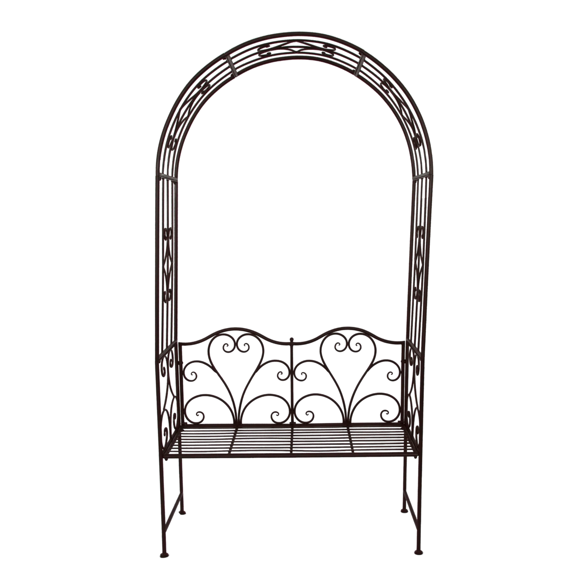 Rustic brown metal garden arch with an integrated two-person bench seat