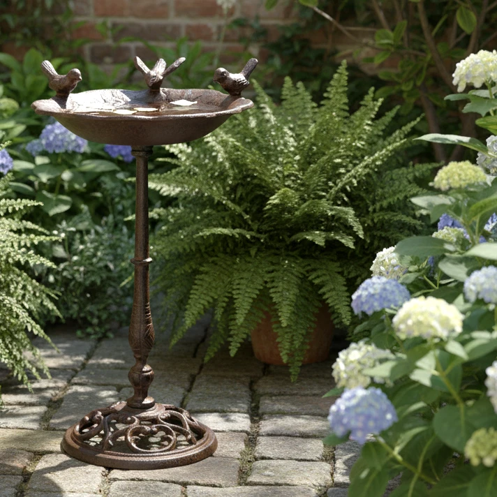 Cast iron triple bird bath with three bird figurines on ornate scrollwork pedestal in garden setting