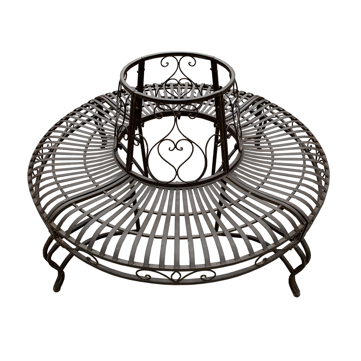Distressed rustic brown and black earth circular tree surround bench with ornate scrollwork