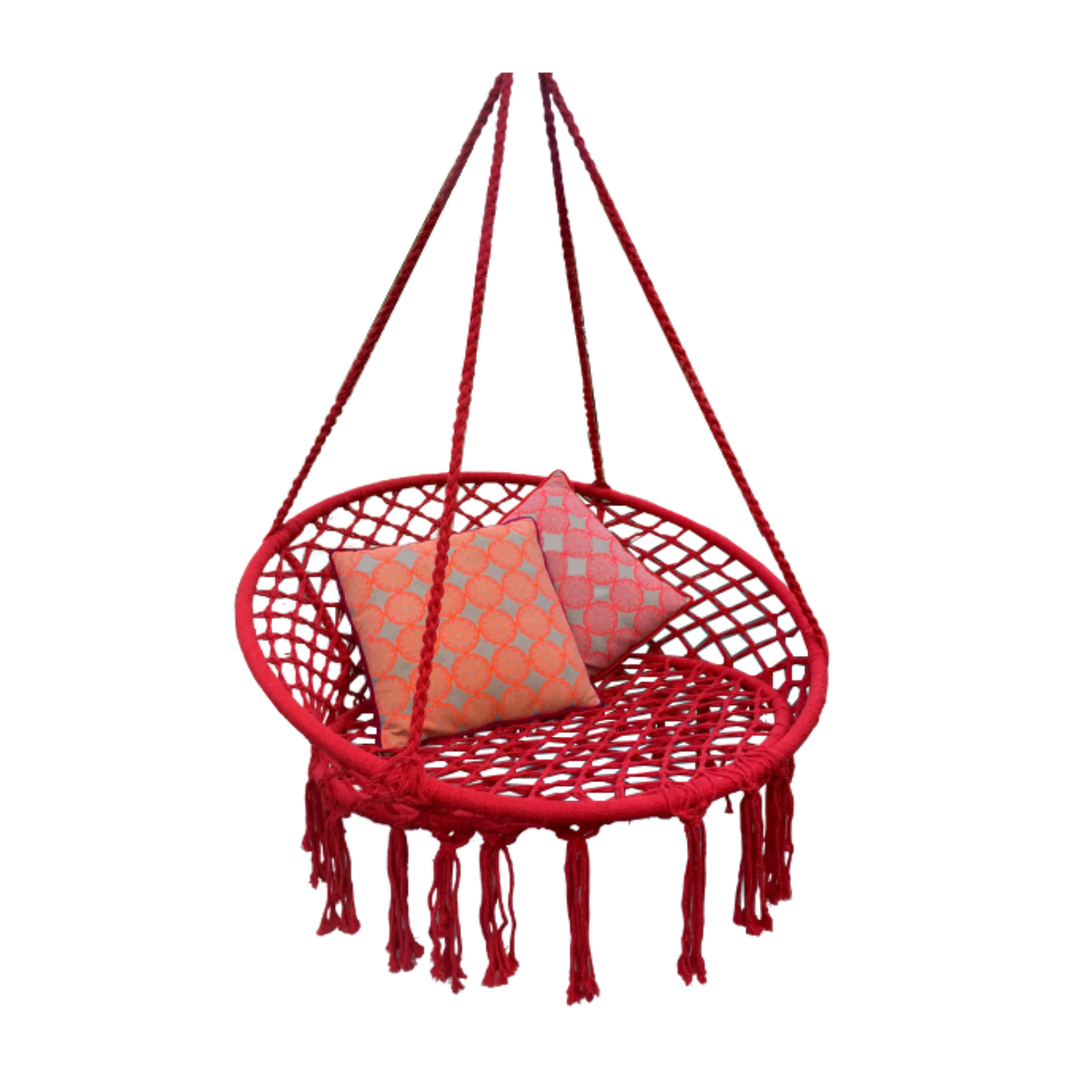 Red hanging basket garden swing chair with two patterned cushions