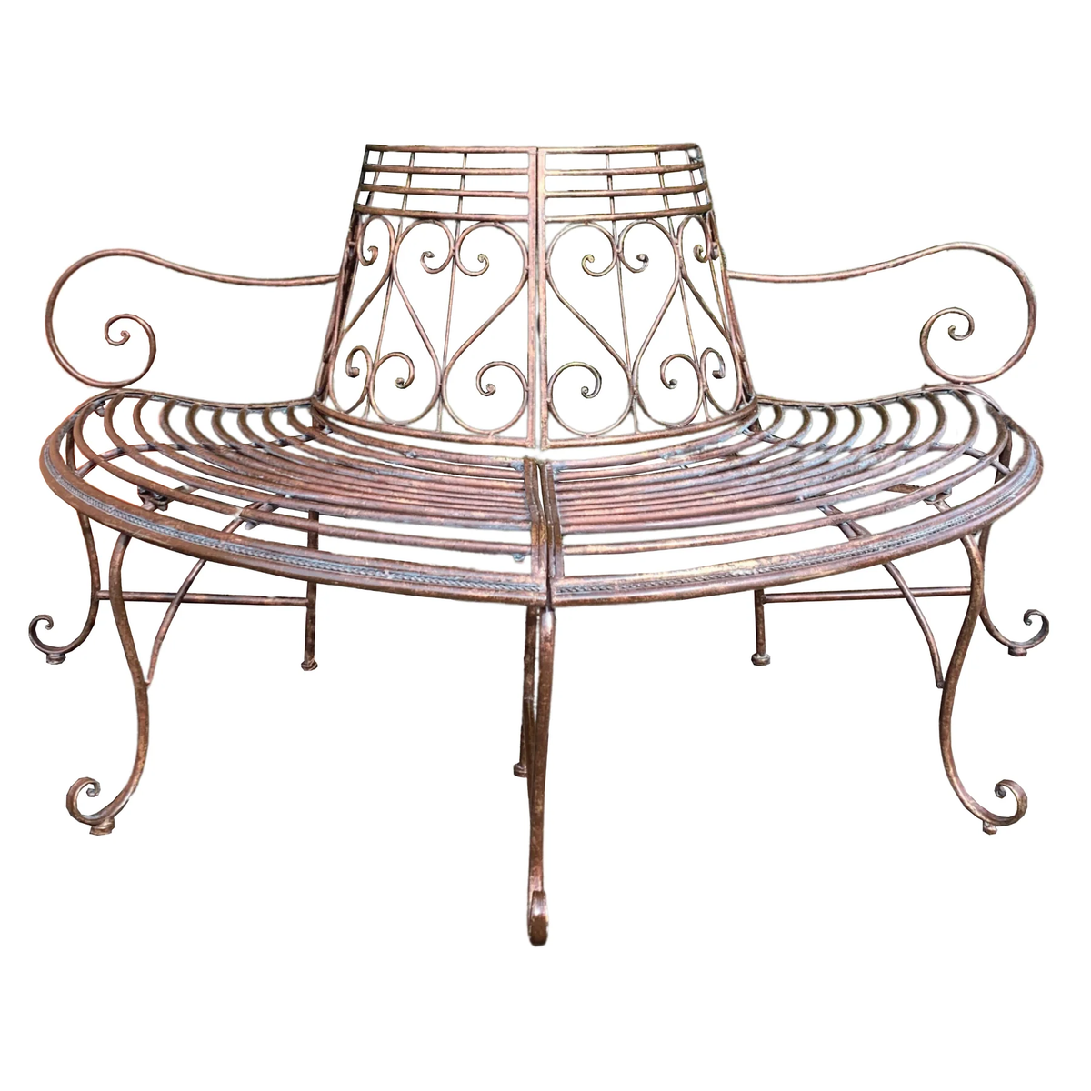 Half tree surround decorative garden bench with copper, blue and black accents