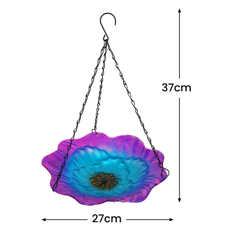 Purple and blue glass flower hanging bird feeder with chain and S-hook, 27cm wide and 37cm tall