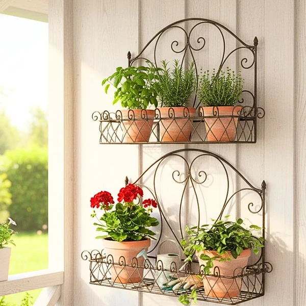 Vintage scrollwork wrought iron wall plant shelves with potted plants and herbs
