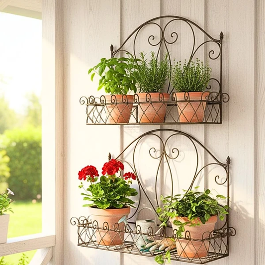 Vintage scrollwork wrought iron wall plant shelves with potted plants and herbs