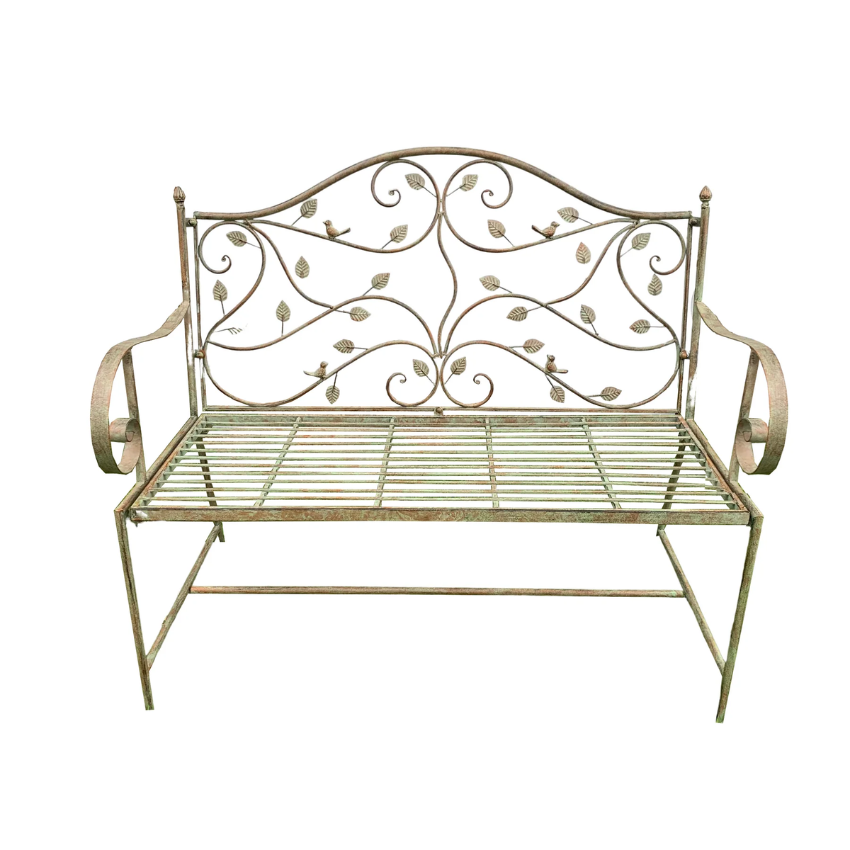 Green metal garden bench with decorative leaves, branches and bird details