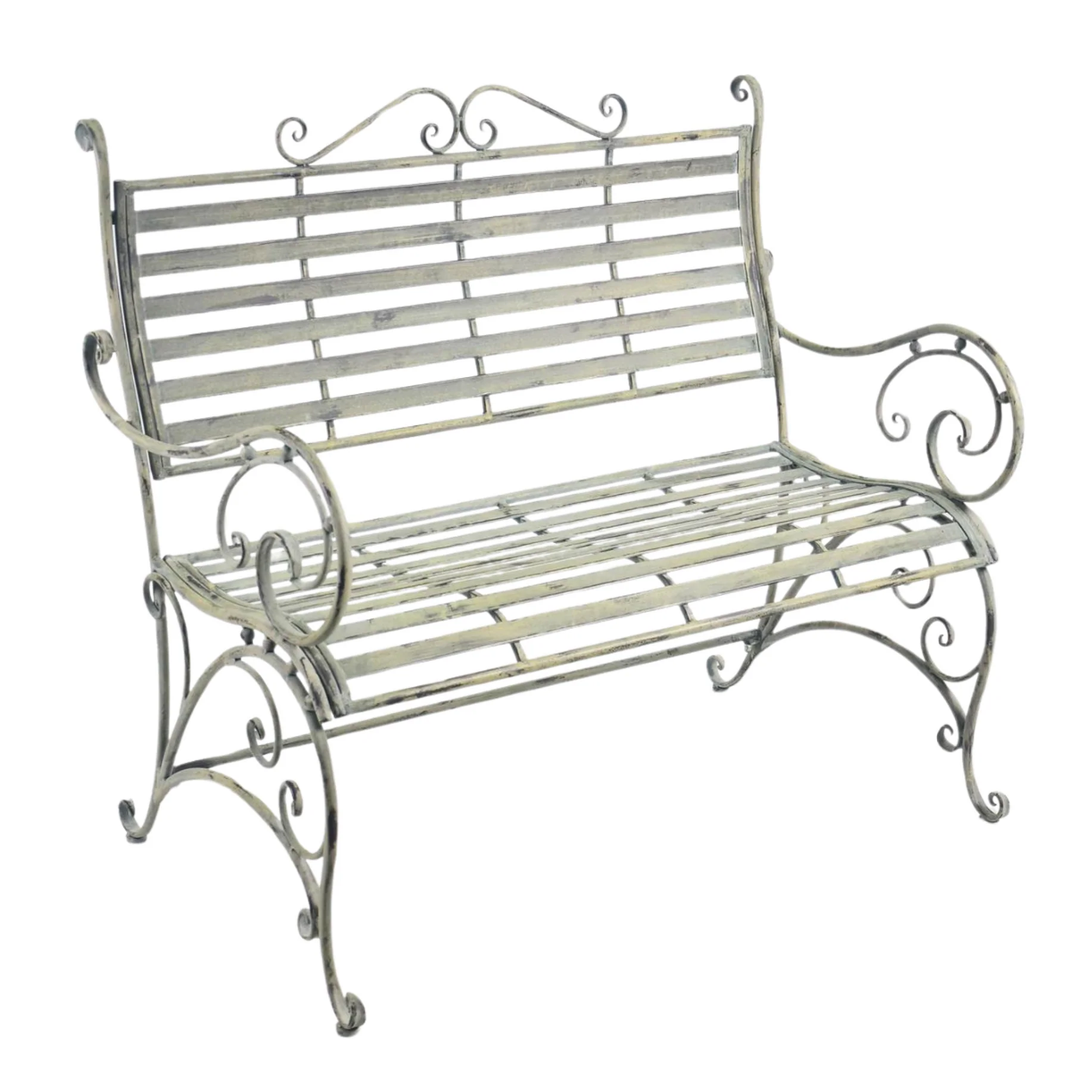 Grey metal garden bench with slatted seat and ornate scrollwork frame