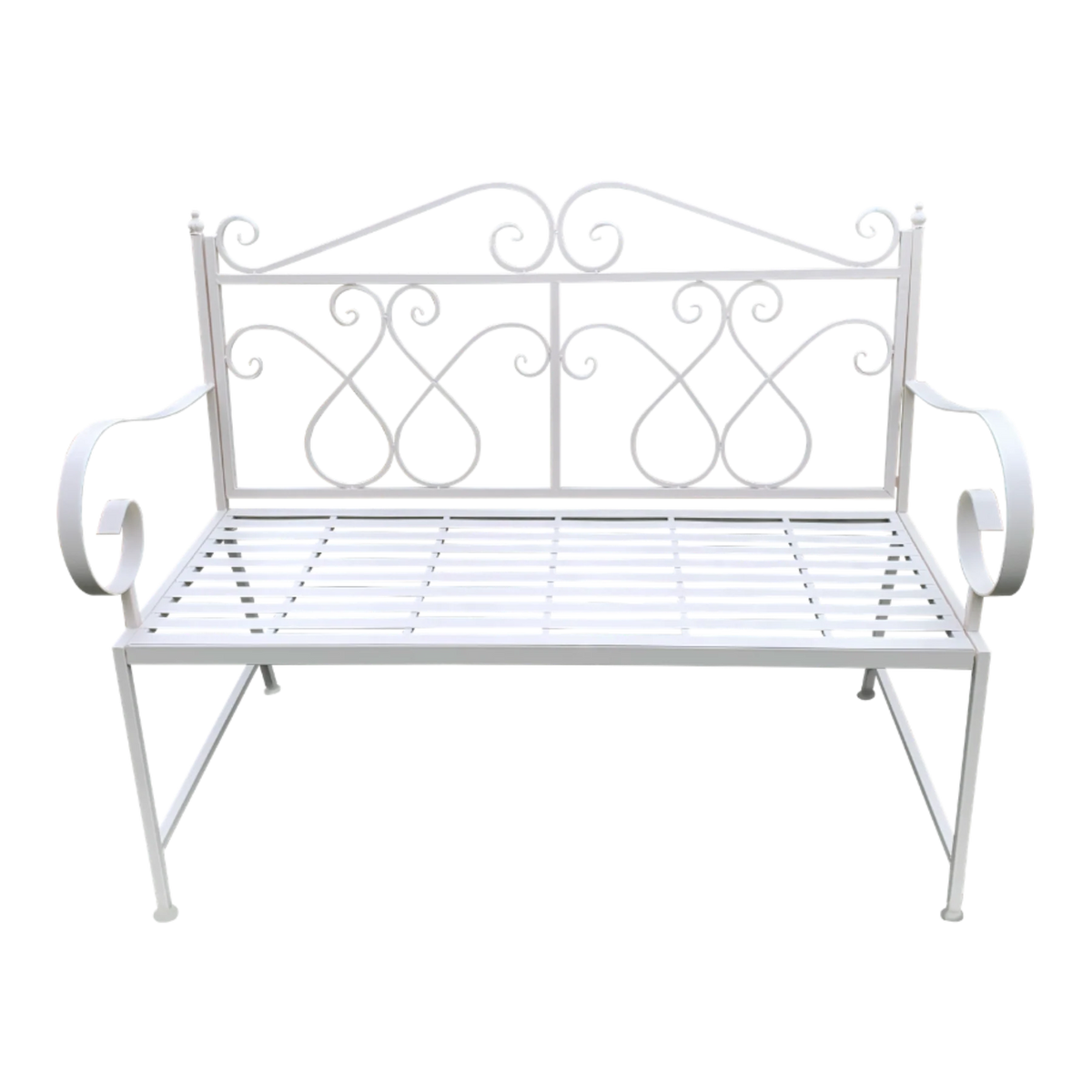 Zarac white metal garden bench with scrolled heart detailing