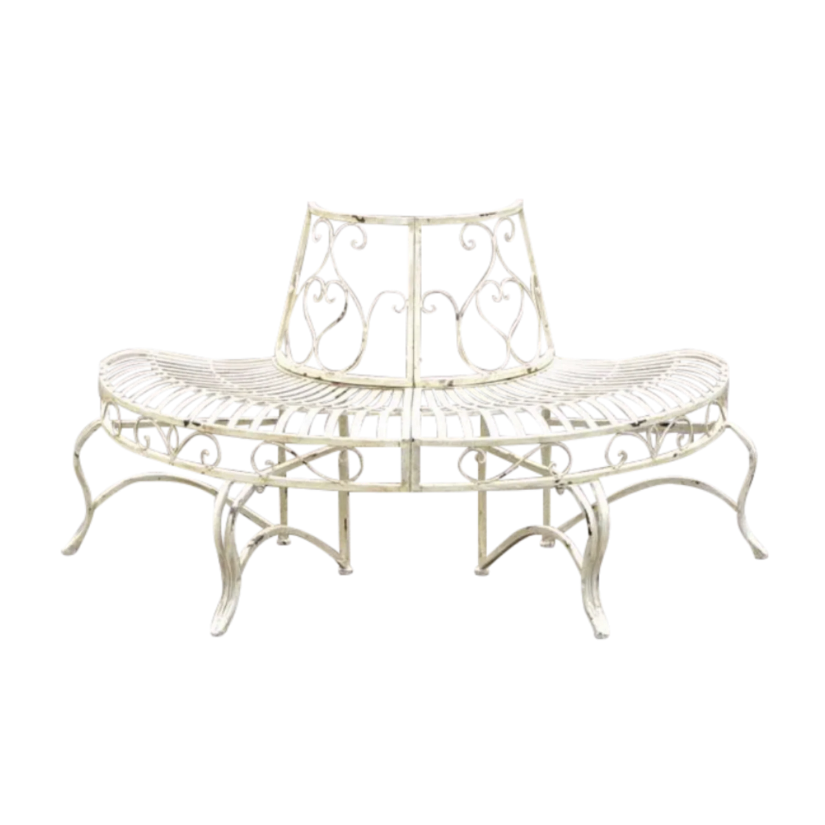 Distressed antique white half tree surround bench with ornate scrollwork