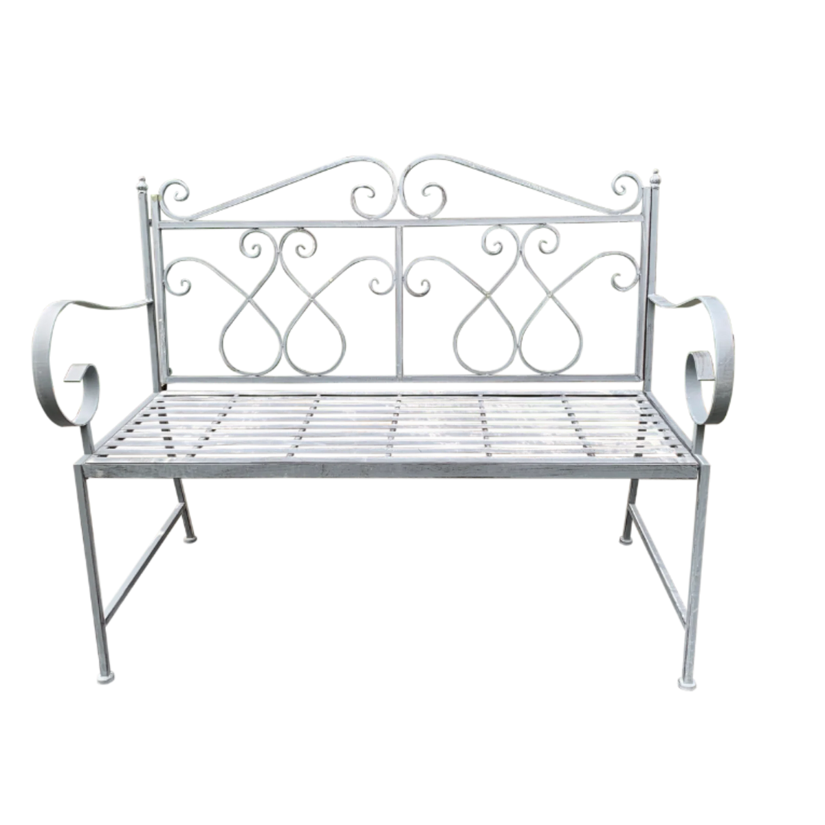 Zara white wash grey metal garden bench with scrolled heart detailing