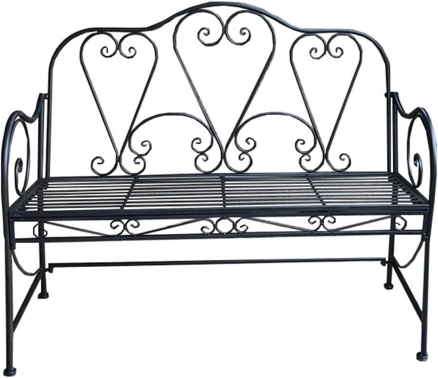 Black metal garden bench with decorative heart-shaped scrollwork