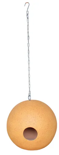 Terracotta ball bird feeder hanging on chain