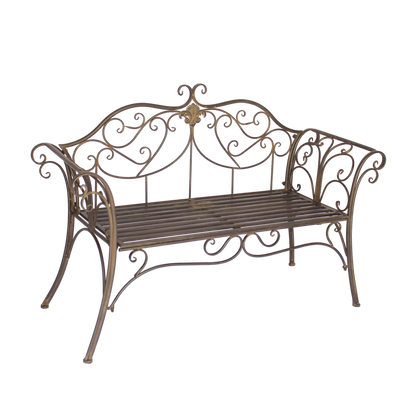 Rustic brown outdoor metal garden bench with ornate scrollwork and curved arms