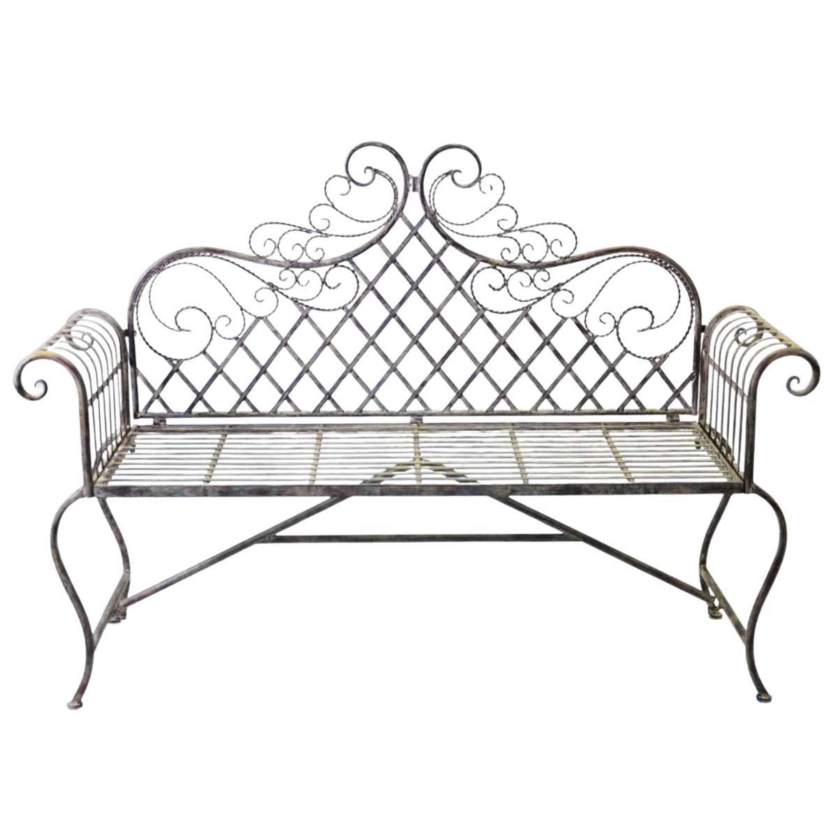 Alexandria brown metal garden bench with scrollwork backrest