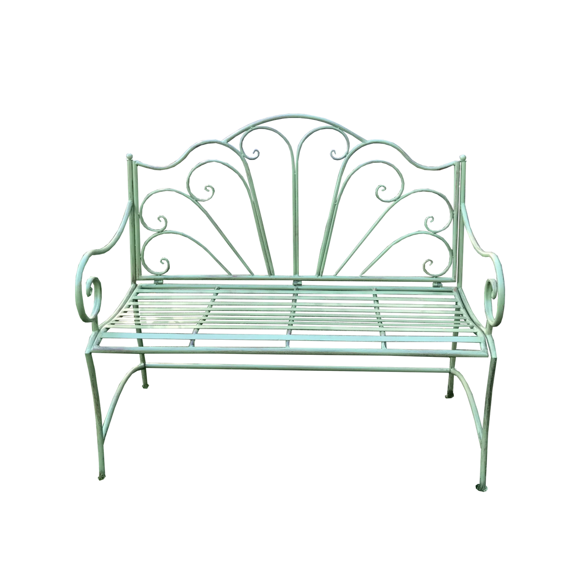 Antique green metal garden bench with decorative scrollwork