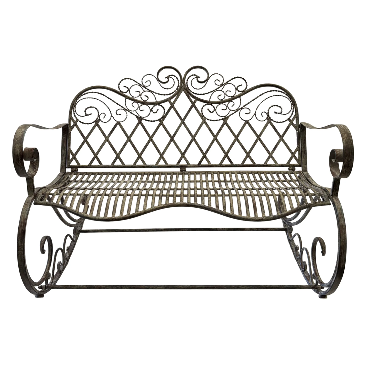 Seville brown metal garden rocking bench with scrollwork backrest