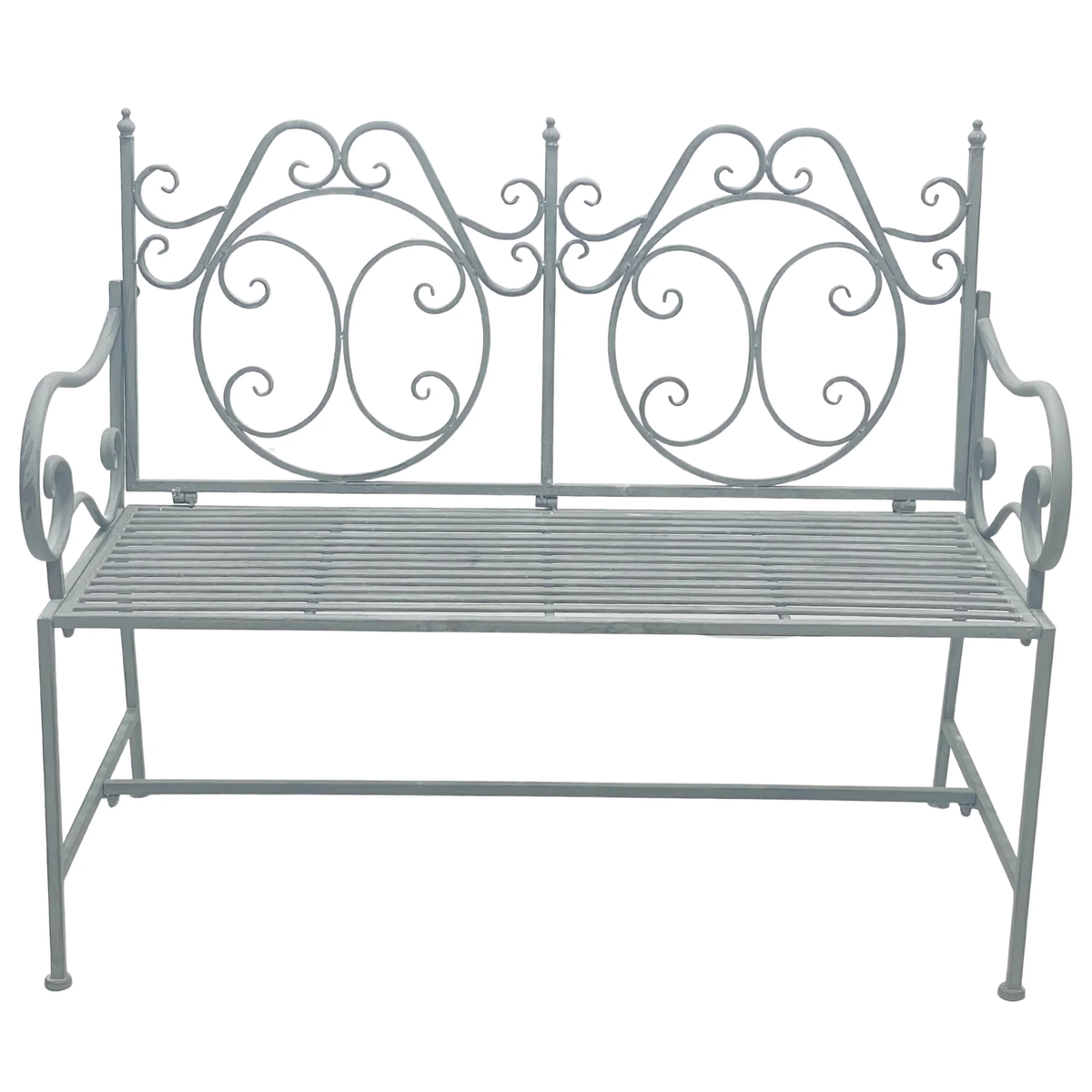 Grey metal garden bench with decorative scrollwork back and arms