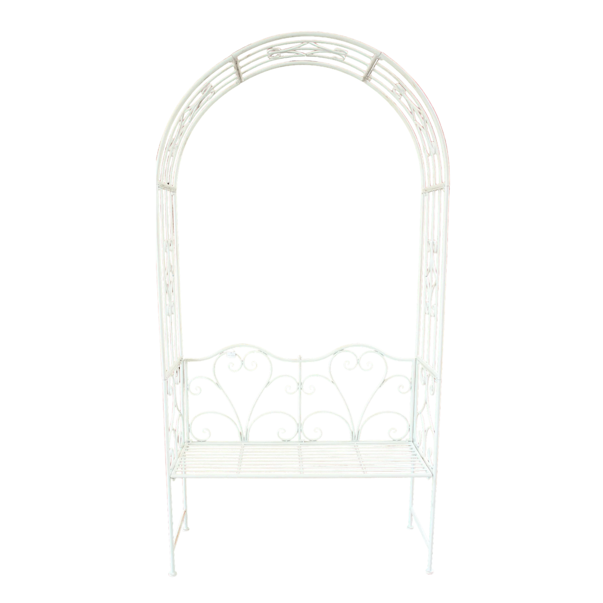Rustic cream metal garden arch with an integrated two-person bench seat