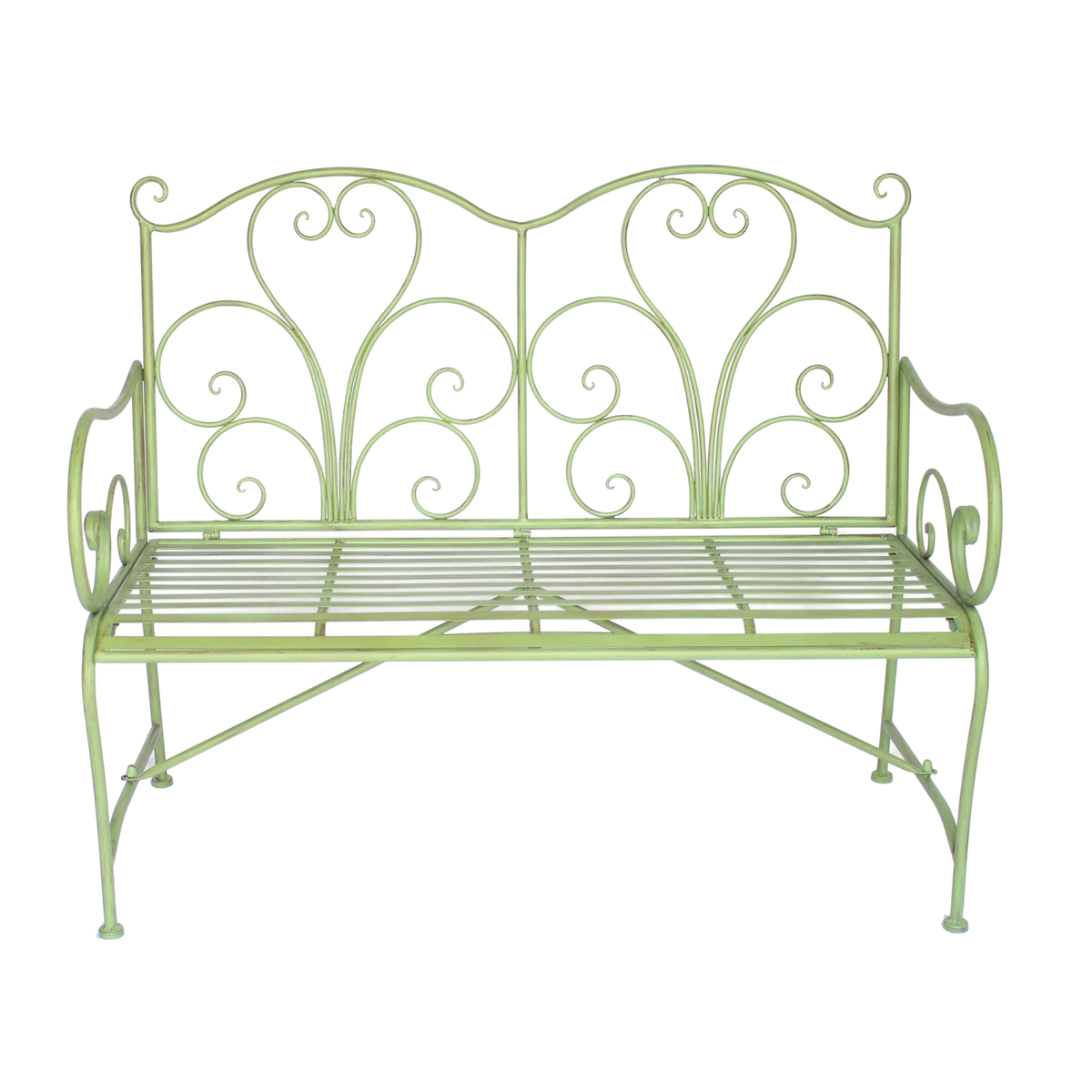 Green brushed metal garden bench with decorative scrollwork
