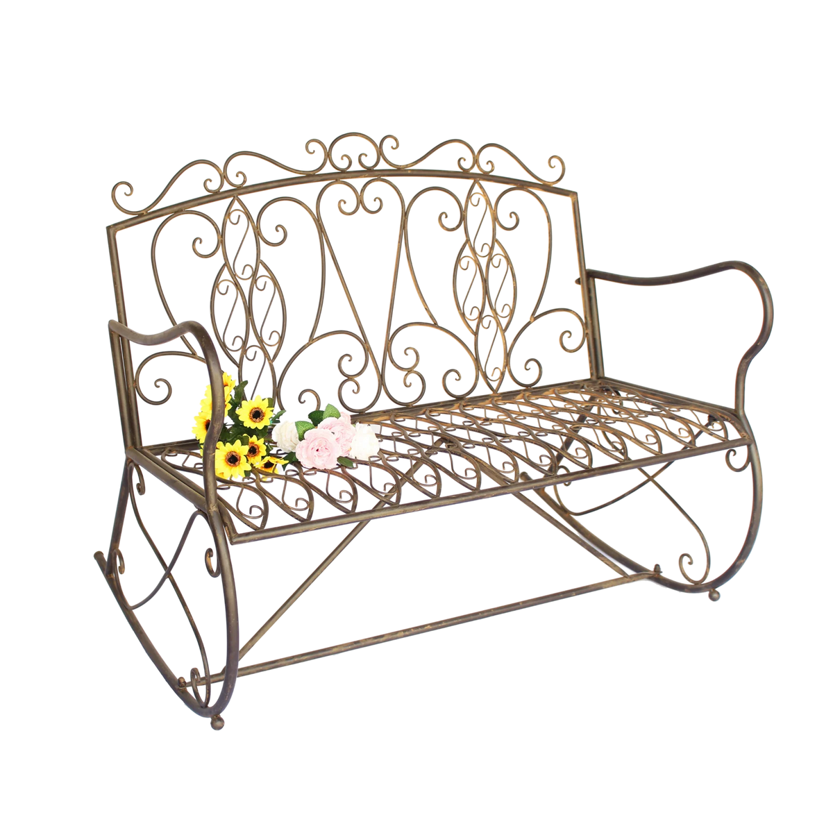 Ornate metal garden rocking bench with decorative scrollwork