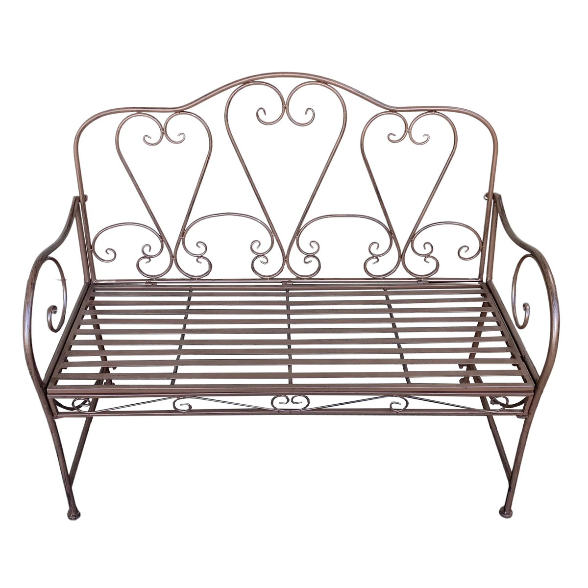 Rust-coloured metal garden bench with decorative heart detailing