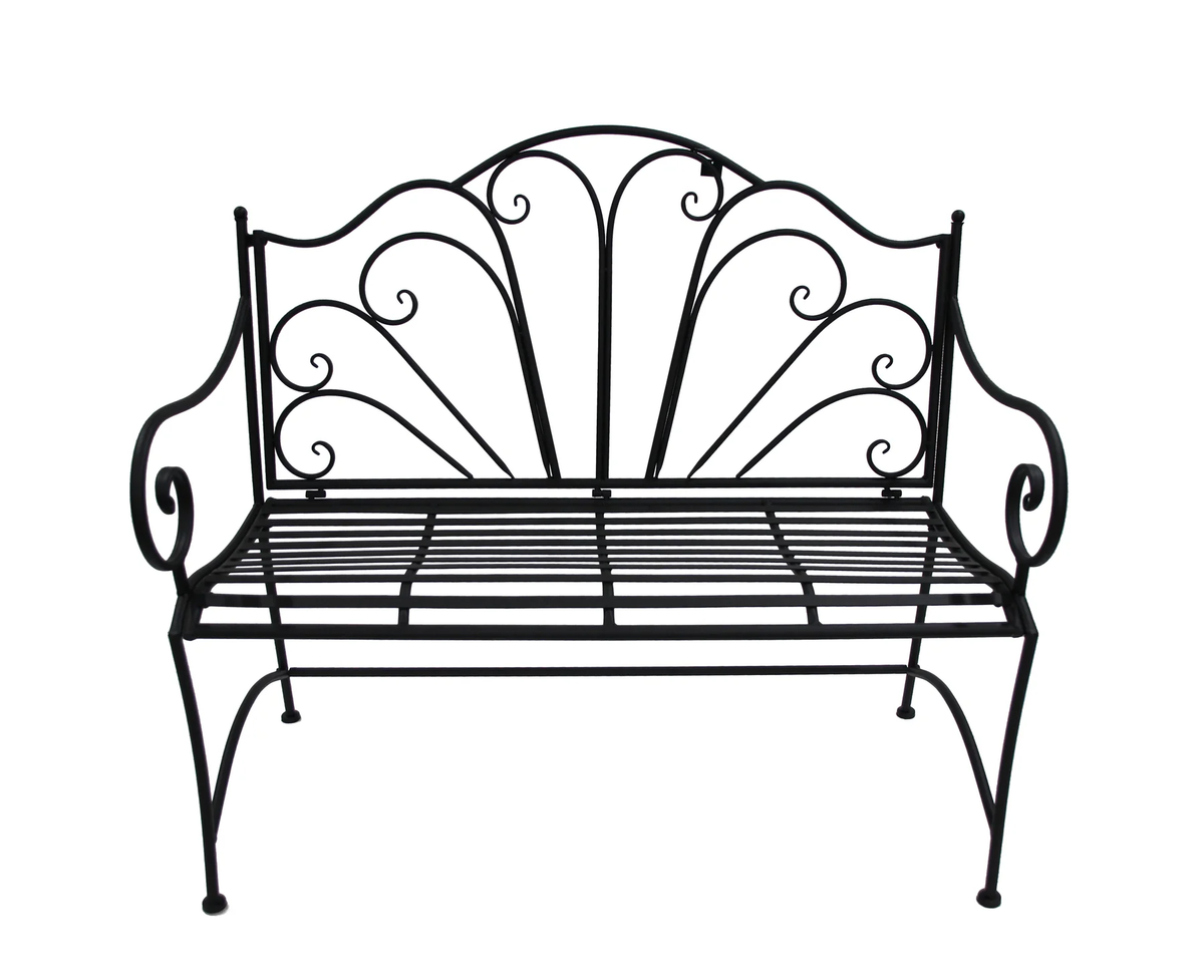 Black metal garden bench with decorative scrollwork