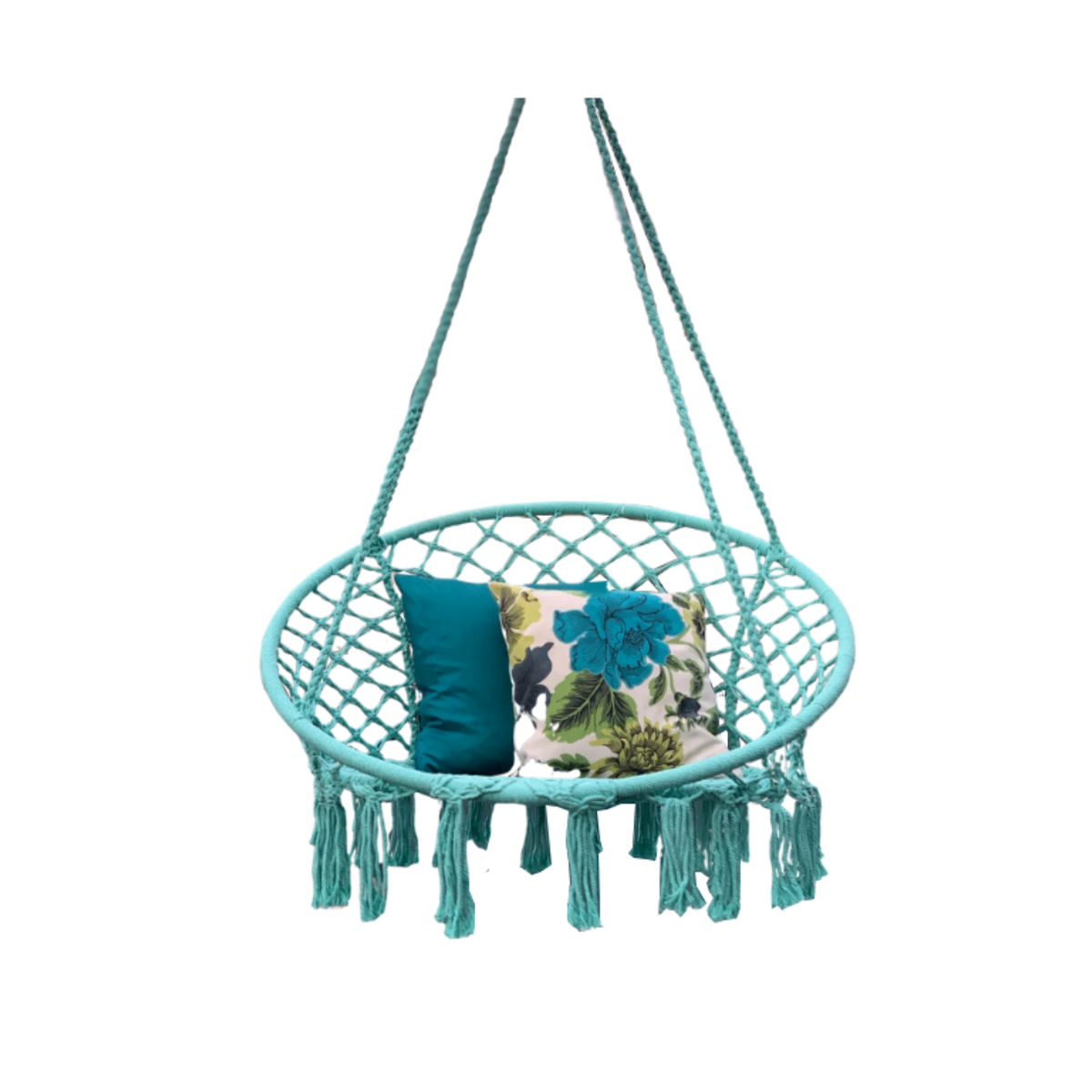 Aqua 100 cm macramé hanging chair with two cushions