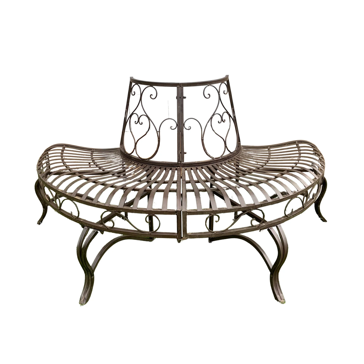 Distressed black and brown rust half tree surround bench with ornate scrollwork
