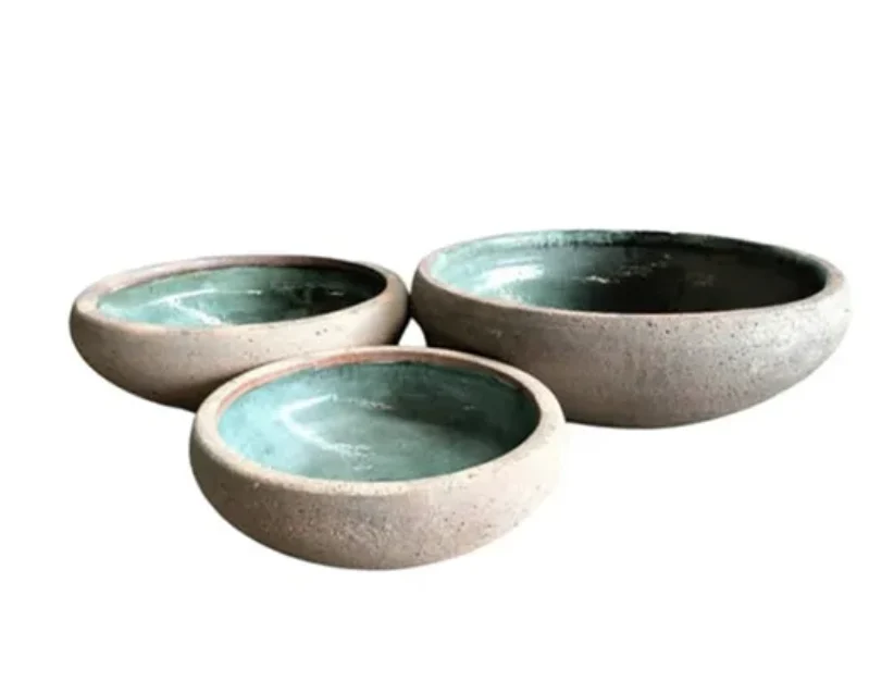 Liberty Water Bowl Old Stone set of three sizes with teal glazed interior
