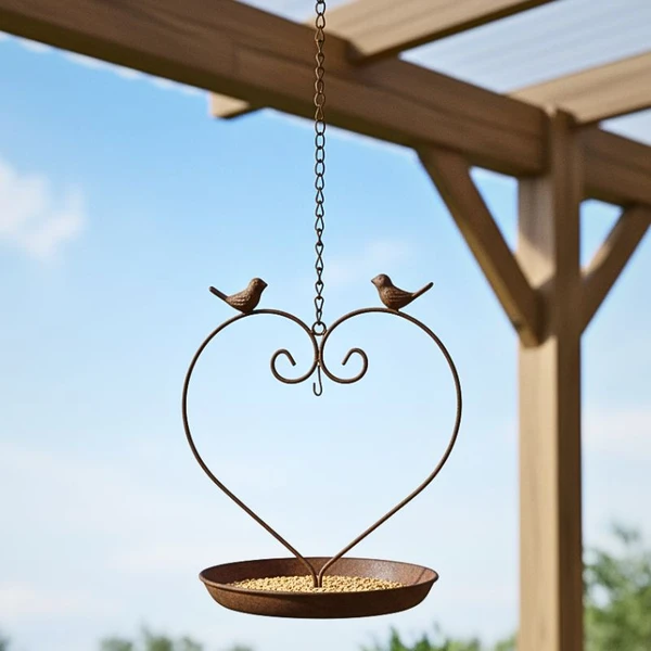 Rustic metal heart bird feeder with two birds hanging from pergola