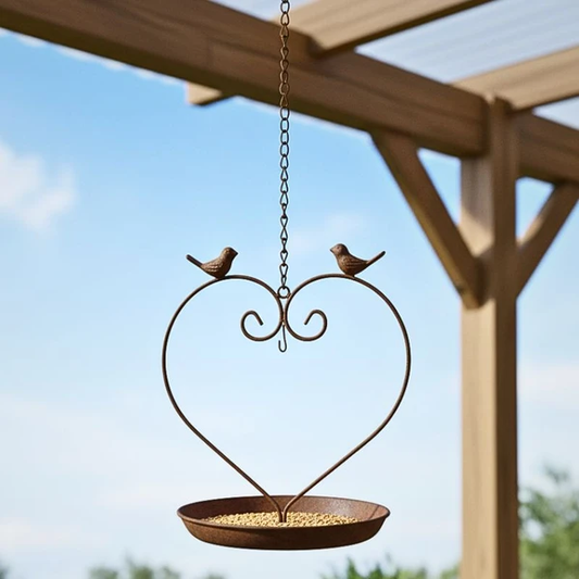 Rustic metal heart bird feeder with two birds hanging from pergola