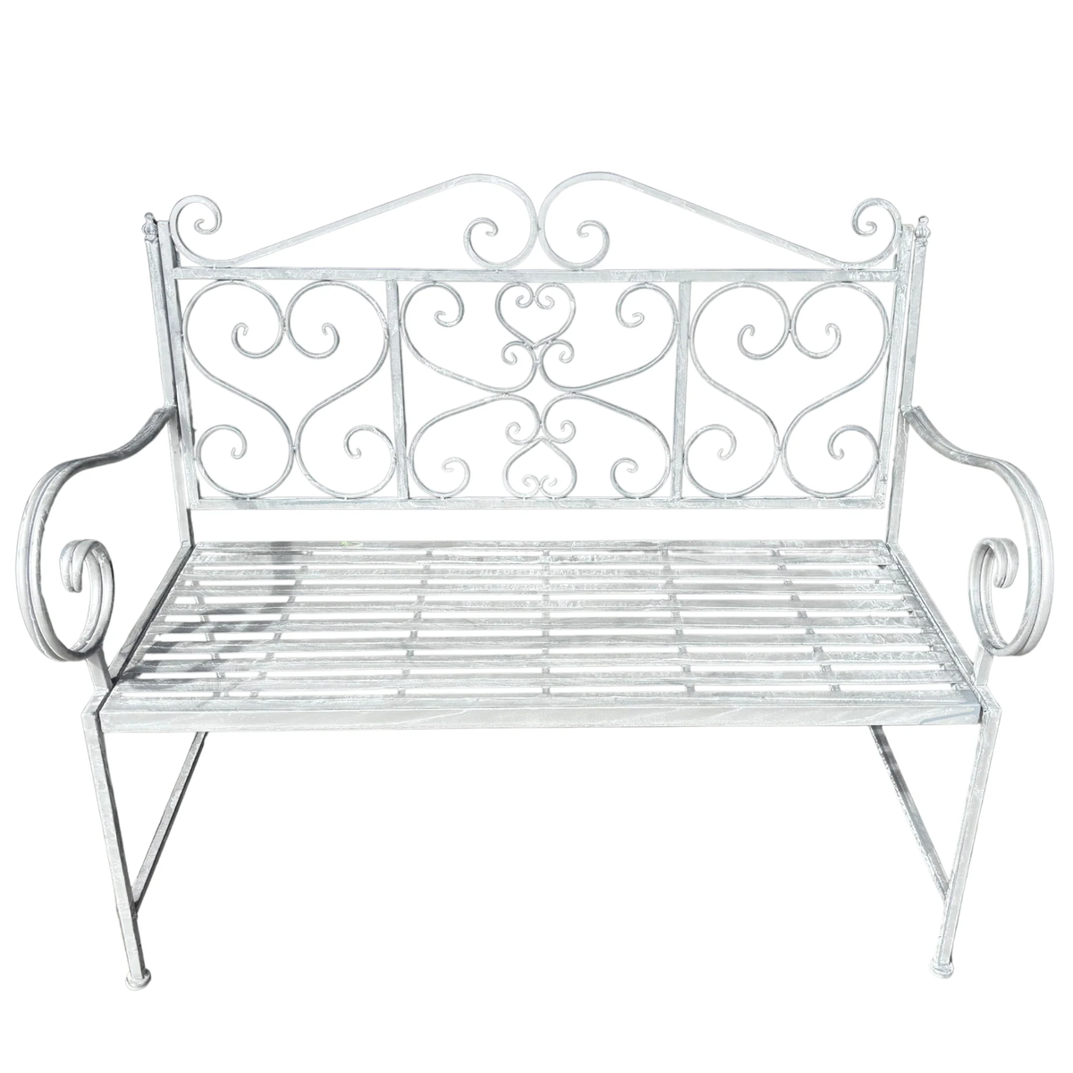 White-wash grey metal garden bench with heart and scrollwork detailing
