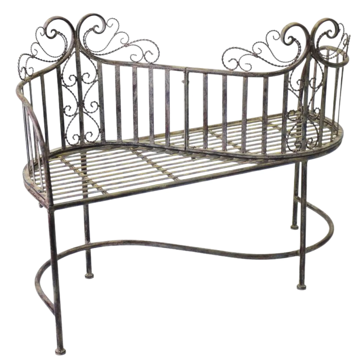 Brown curved metal garden bench with decorative scrollwork