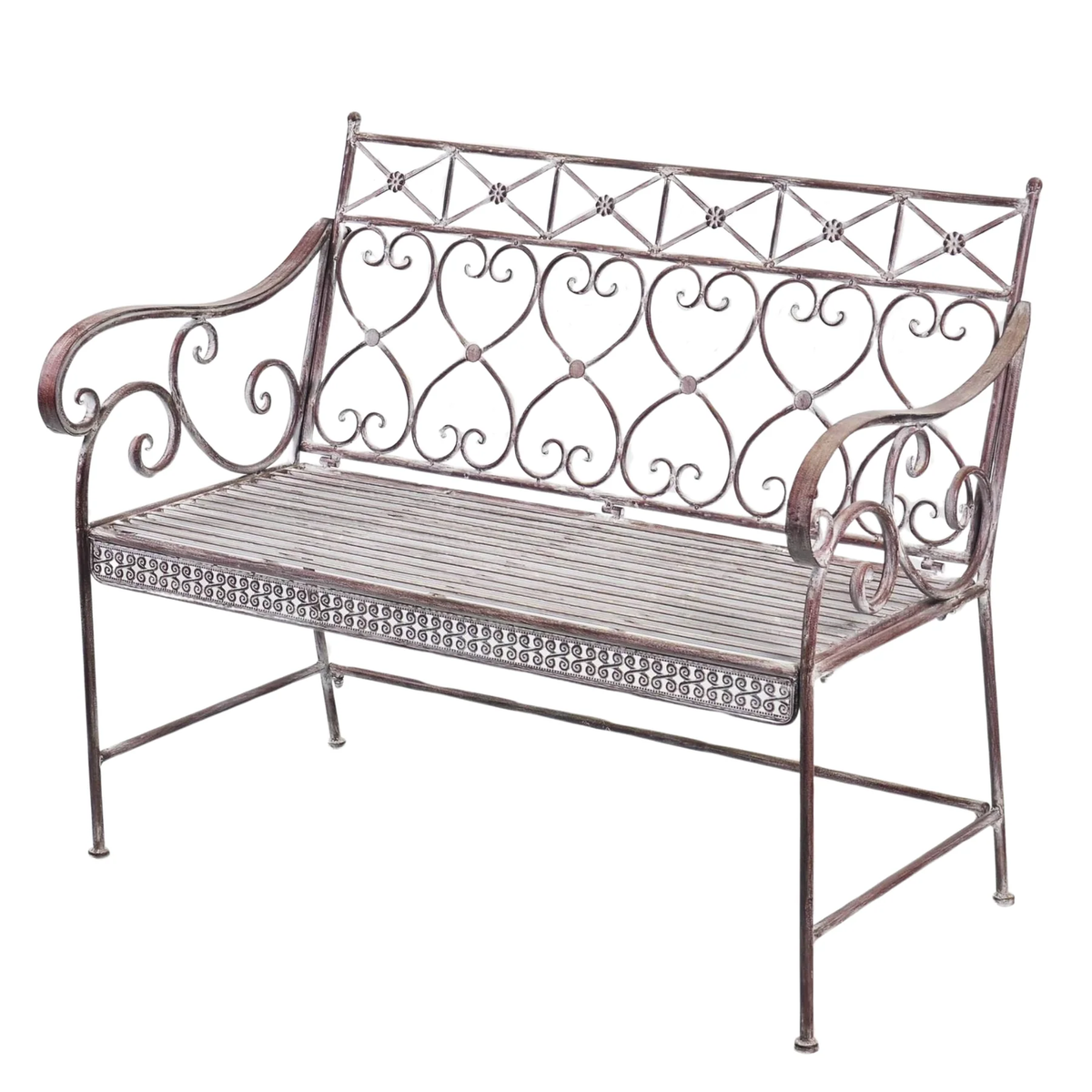 Decorative metal garden bench in a red-brown white-wash finish