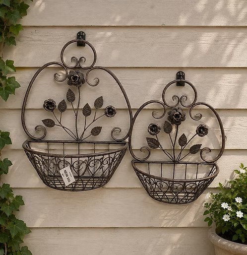 Vintage flower basket wall hangers empty showing detail