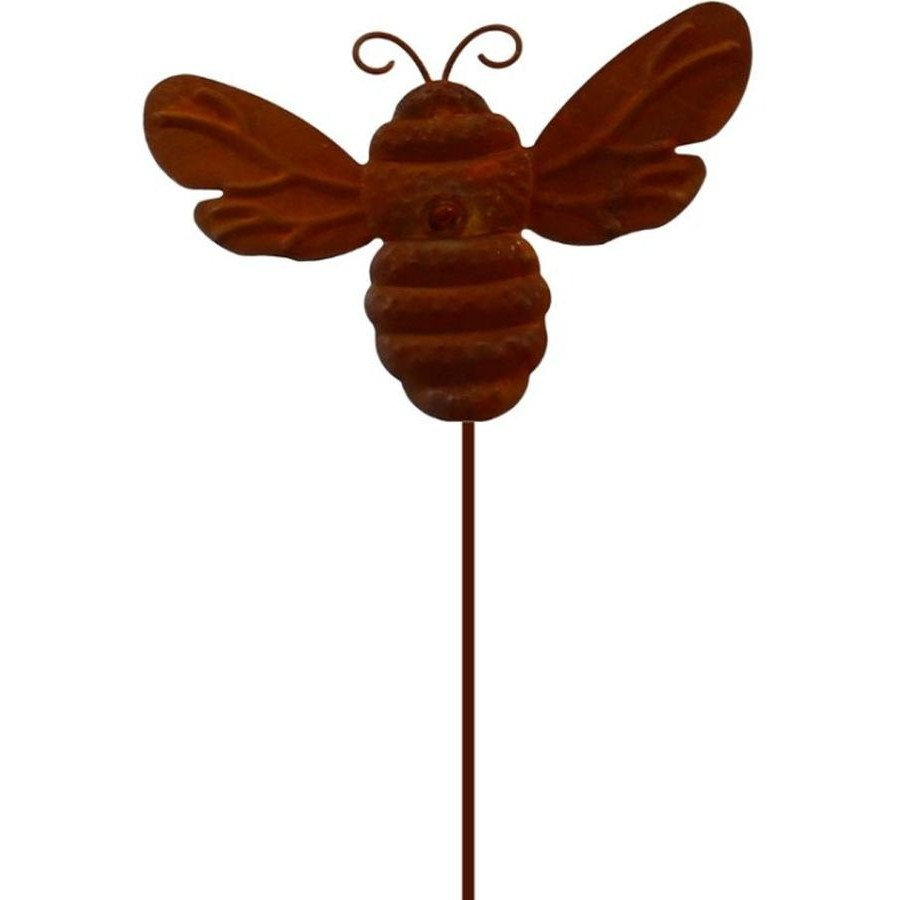 Rustic metal bee garden stake rust finish on white background